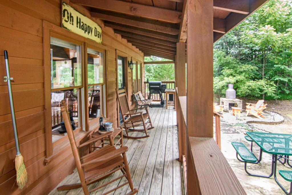 Rocking chairs on The Moonshine Cabin covered porch